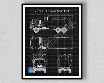 M1087 A1P2 Truck Patent, M1087 Expansible Van Truck Poster, M1087A1P2 Wall Art, Military M1087 Truck Drawing, Military Wall Art