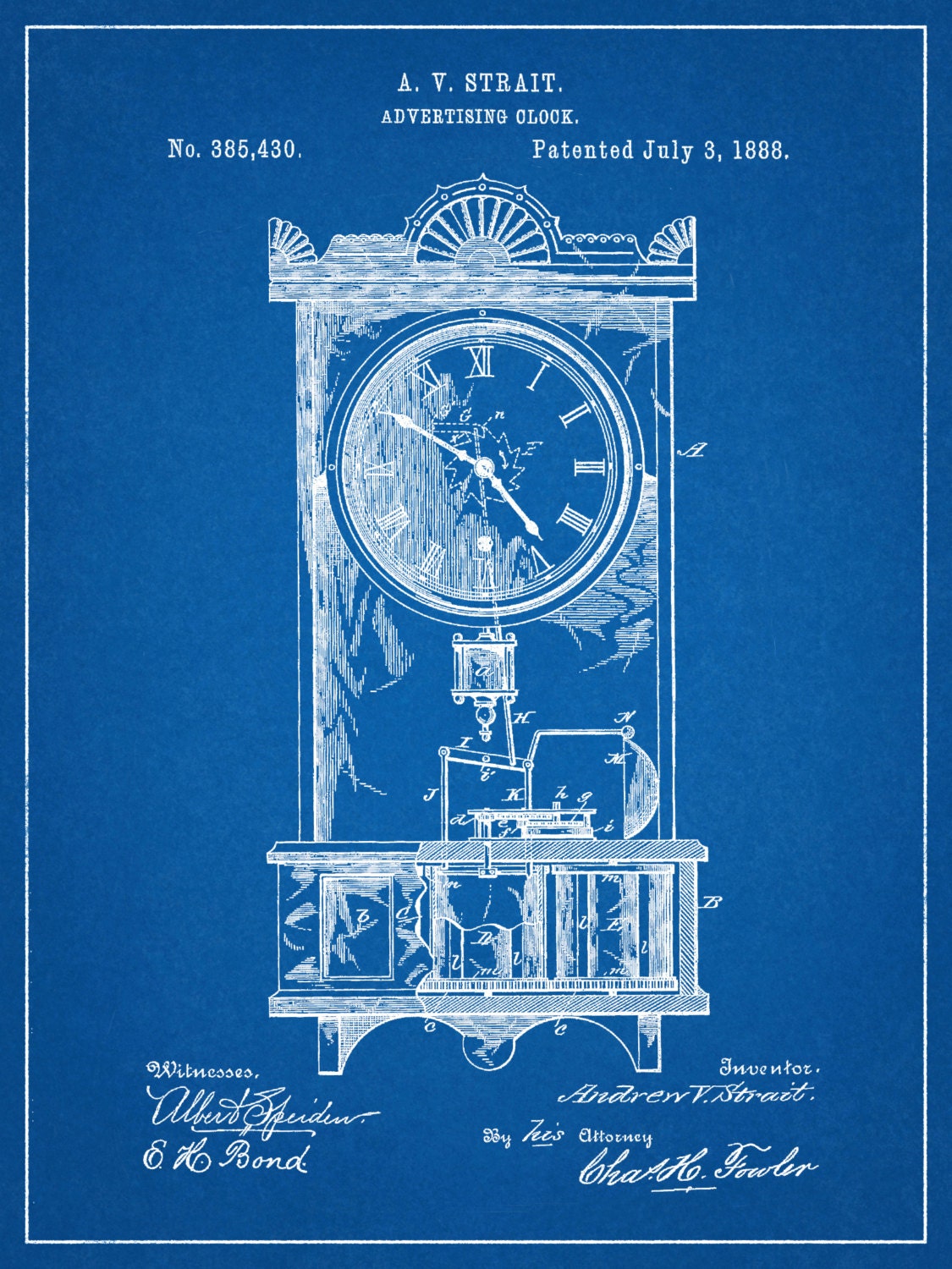 1888 Clock Patent Print Antique Clock Poster Grandmothers Clock