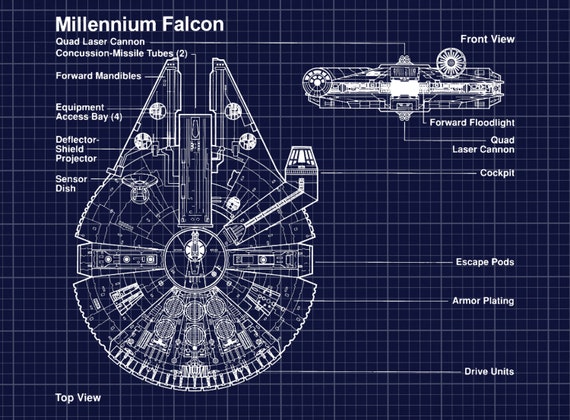 Star Wars Millennium Falcon Art Print Wall Poster Drawing Illustration Engineering Drawing Schematic Drawing