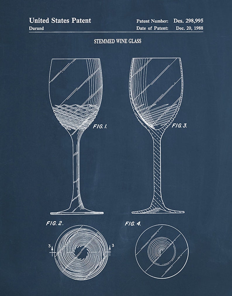 1988 Wine Glass Patent Print, Vintage Wine Glass Poster, Wine Collector Decor, Winery Decor Wine Connoisseur Gift Idea Dusty Blue Chalk