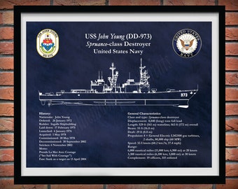 USS John Young DD-973 Drawing, Spruance Class Destroyer Drawing, Uss John Young dd-970 Blueprint, US Navy Wall Art Print, Sailor Gift