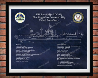 USS Blue Ridge LCC-119 Command Ship Art Print, Blue Ridge Class Amphibious Command Ship, Blue Ridge Ship Schematic, US Navy Wall Art Print