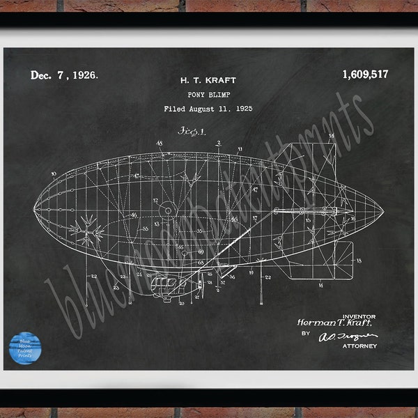 1926 Goodyear Blimp Patent Design, Pony Blimp Poster, Dirigible Air Balloon Patent Print, Designed by Herman Kraft, Early Aviation Wall Art