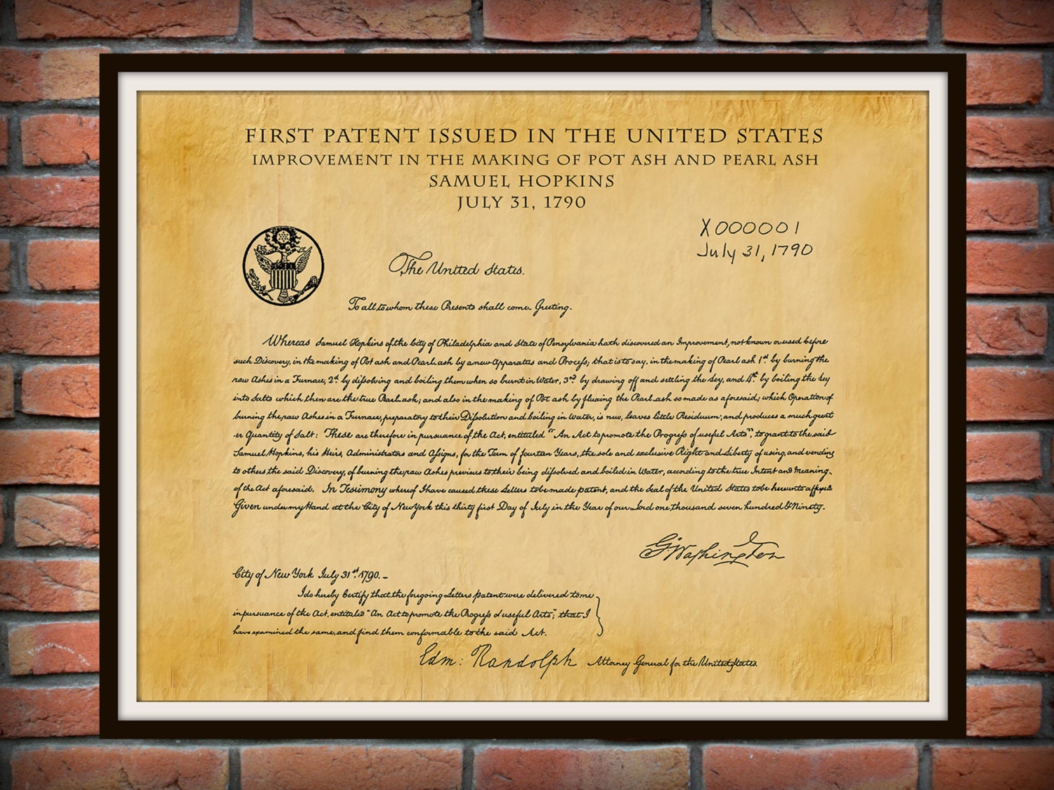 1790 First US Patent Print Issued by the United States Signed by George 1790 First US Patent Print Issued by the United States Signed by George