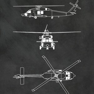 UH-60 Black Hawk Helicopter Art Print, Sikorsky UH-60 Helicopter Blueprint Chopper Pilot Gift Sikorsky UH-60 Chopper, Helicopter Decor Black Brush Stroke