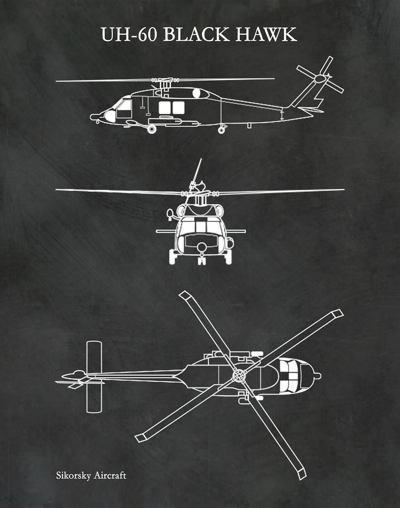 UH-60 Black Hawk Helicopter Art Print, Sikorsky UH-60 Helicopter Blueprint Chopper Pilot Gift Sikorsky UH-60 Chopper, Helicopter Decor Black Brush Stroke