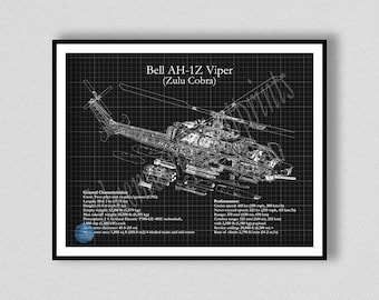 Bell AH-1Z Viper Cutaway Drawing Print, Ah-1z Blueprint, AH-1z Viper Zulu Poster, AH-1z Attack Helicopter Drawing, Military Pilot Gift