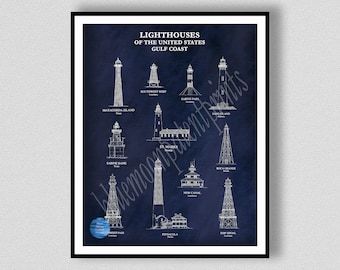 US Lighthouses of the Gulf Coast - Art Print  - Nautical Art - Marina Art - Sailor Art - Sabine - Boca Grande - Pensacola - Ship Shoal