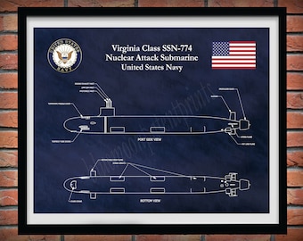 Virginia Class SSN-774 Submarine Blueprint, USS Virginia Class Submarine Poster, Virginia Class Nuclear Attack Submarine Drawing