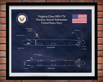 Virginia Class SSN-774 Submarine Blueprint, USS Virginia Class Submarine Poster, Virginia Class Nuclear Attack Submarine Drawing