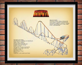 Behemoth Roller Coaster Drawing Vers #2 Colored, Behemoth Roller Coaster Poster, Canada's Wonderland Roller Coaster, Thrill Rider Gift Idea