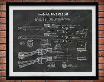 Lee-Enfield Rifle Patent Print, Lee Enfield 303 Rifle Poster, Enfield Mark III Rifle Blueprint, Enfield SMLE Mark IV Rifle Drawing