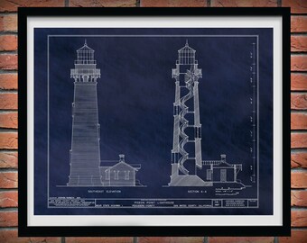 Pigeon Point Lighthouse Drawing - Pigeon Point Lighthouse Blueprint - Nautical Decor - Lighthouse Lover Gift Idea