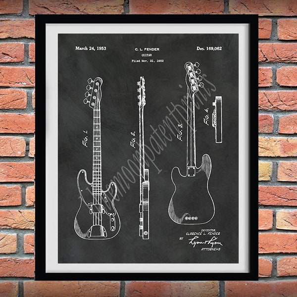 1952 Fender Guitar Patent Print, Fender Guitar Poster, Rock Band Guitar Poster, Clarence Fender Guitar Design Print,