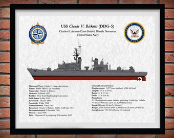 USS Claude V. Ricketts DDG-5 Destroyer Drawing, Charles F. Adams-Class Destroyer Drawing, Adams Class Destroyer Blueprint, US Navy Art Print