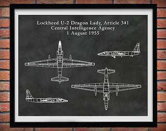 Lockheed U2 "Dragon Lady" Blueprint Vers #1, CIA U2 Spy Plane Drawing, Lockheed U2 Aircraft Poster, Air Force Wall Art