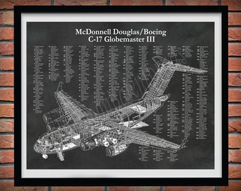 C17 Globemaster III Aircraft Print, Boeing C17 Blueprint, McDonnell Douglas C17 Globemaster Drawing, Boeing C17A Cutaway Drawing