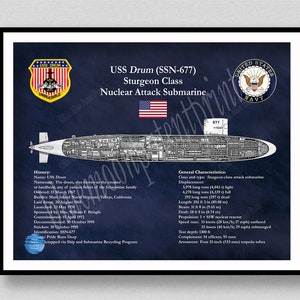 USS Drum SSN-677 Submarine Drawing, Sturgeon Class Submarine Poster, USS Drum Submarine Wall Art, Sturgeon Submarine Art Print