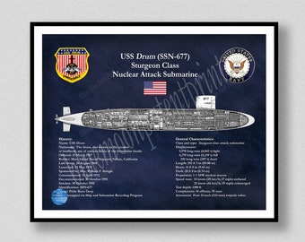 USS Drum SSN-677 Submarine Drawing, Sturgeon Class Submarine Poster, USS Drum Submarine Wall Art, Sturgeon Submarine Art Print