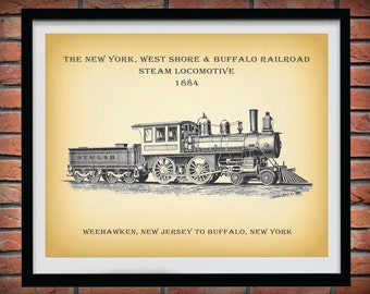 1884 Steam Locomotive Print - New York West Shore Buffalo Railroad - Railroad Decor - Train Poster - Train Collector Gift - Train Decor