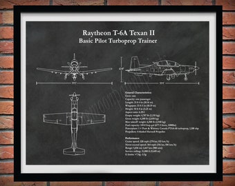 T-6A Texan II Print, Raytheon Hawker Beechcraft T-6A Texan ii Blueprint, T-6A Texan II Drawing Military Trainer Airplane Military Pilot Gift