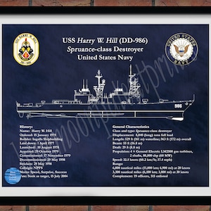 Desenho de USS Harry W Hill DD-986, desenho de destruidor de classe Spruance, arte de parede de Uss Harry W Hill dd-986, decoração da Marinha dos EUA, impressão de presente de marinheiro dd-986