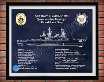 USS Harry W Hill DD-986 Drawing, Spruance Class Destroyer Drawing, Uss Harry W Hill dd-986 Wall Art, US Navy Décor, Sailor Gift dd-986 Print