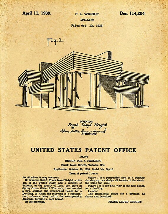 Patent 1939 Frank Lloyd Wright House Architecture - Dwelling