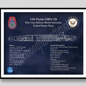 USS Florida SSBN-728 Ohio Class Submarine Blueprint, USS Florida Ballistic Missile Submarine Poster, Ballistic Missile Submarine Drawing