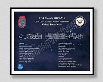 USS Florida SSBN-728 Ohio Class Submarine Blueprint, USS Florida Ballistic Missile Submarine Poster, Ballistic Missile Submarine Drawing