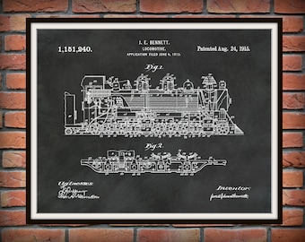 1915 Locomotive Patent by Bennett Art Print - Train Patent - Poster - Wall Art - Railroad Art - Railway Station Art - Train Station Wall Art