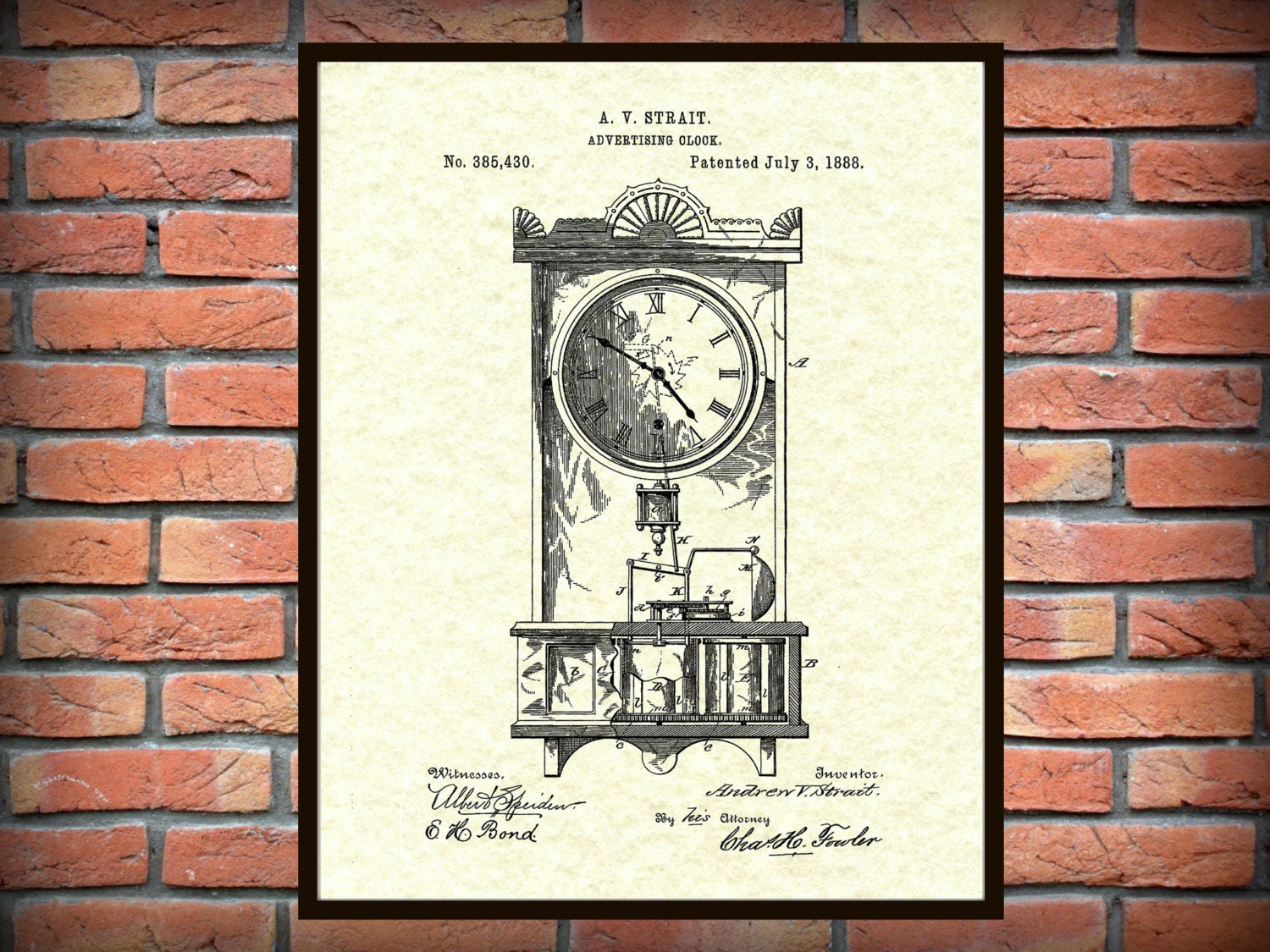 1888 Clock Patent Print Antique Clock Poster Grandmothers Clock