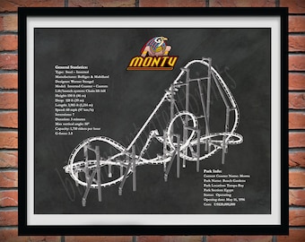 Montu Roller Coaster Drawing, Busch Gardens Roller Coaster, Montu Roller Coaster Blueprint, Roller Coaster Décor, Montu Coaster Poster