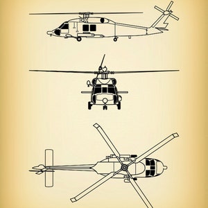 UH-60 Black Hawk Helicopter Art Print, Sikorsky UH-60 Helicopter Blueprint Chopper Pilot Gift Sikorsky UH-60 Chopper, Helicopter Decor Vintage Canvas