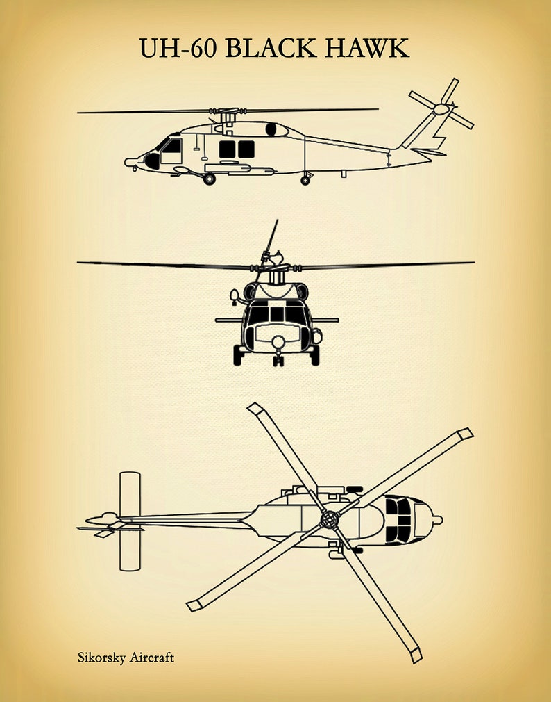 UH-60 Black Hawk Helicopter Art Print, Sikorsky UH-60 Helicopter Blueprint Chopper Pilot Gift Sikorsky UH-60 Chopper, Helicopter Decor Vintage Canvas