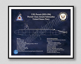 USS Permit SSN-594 Drawing, Permit Class Sub Blueprint, Uss Permit SSN-594 Submarine Poster, Permit Class Submarine Submarine Décor