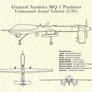 MQ-1 Predator UAV Drone Spy Plane Drawing Reconnaissance Aircraft Art Print Poster CIA Spy Plane Illustration Hellfire Missiles image 5