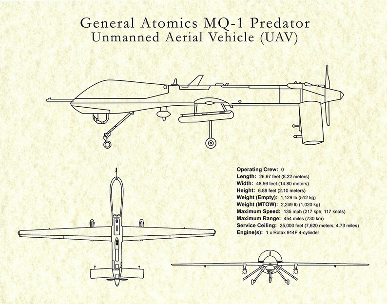 MQ-1 Predator UAV Drone Spy Plane Drawing Reconnaissance Aircraft Art Print Poster CIA Spy Plane Illustration Hellfire Missiles image 5