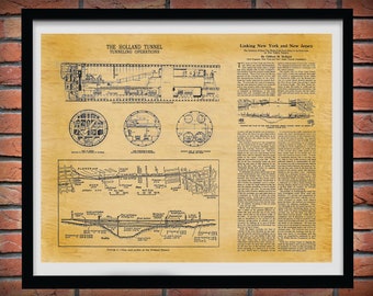 Holland Tunnel Blueprint - Holland Tunnel Poster - Canal Street Tunnel Blueprint - Historic Holland Tunnel Wall Art - NYC Manhattan Tunnel