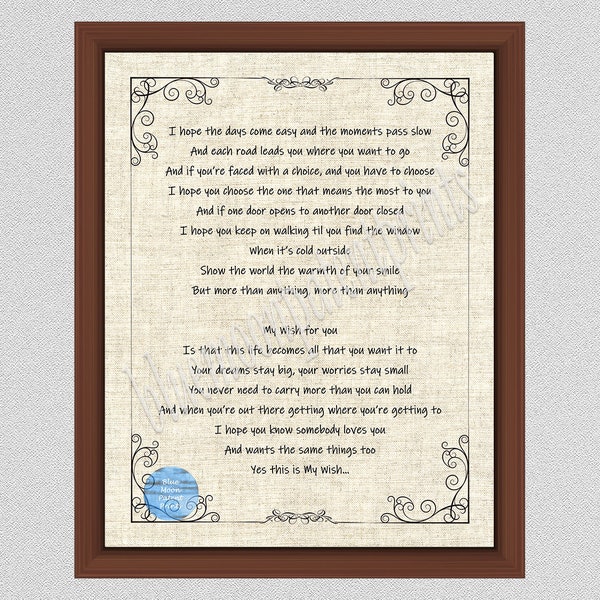 Impression d'art paroles de My Wish For You, affiche des paroles de chanson de Rascal Flatts, poème inspirant From The Heart, décoration de chambre d'enfant, idée cadeau d'anniversaire