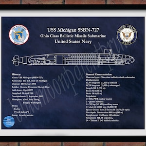 USS Michigan SSBN-727 Ohio Class Submarine Blueprint, USS Michigan Submarine Poster, Ohio Class Ballistic Missile Submarine Drawing
