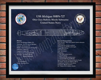 USS Michigan SSBN-727 Ohio Class Submarine Blueprint, USS Michigan Submarine Poster, Ohio Class Ballistic Missile Submarine Drawing