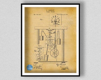 1875 Tower Clock Patent Print, Antique Clock Wall Art, Engineering Wall Art, 1875 Tower Clock Mechanism for Weights and Balance