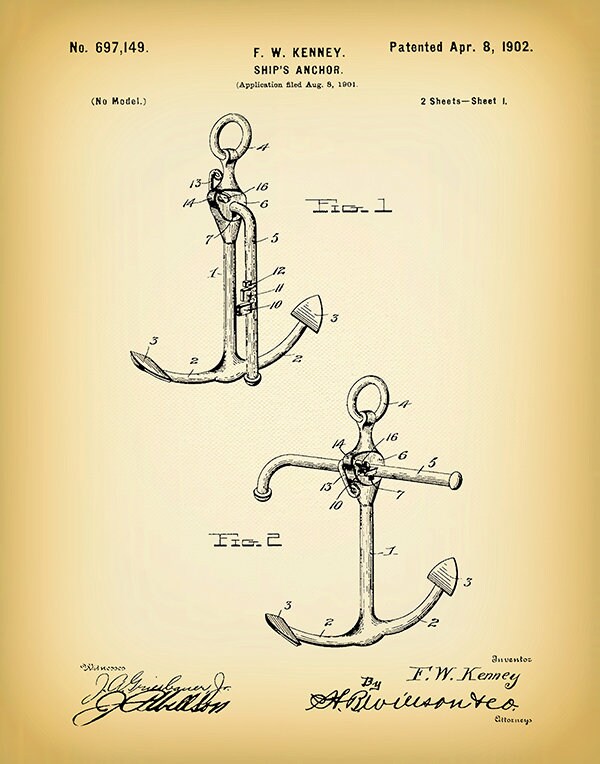 1902 Anchor Patent Print, 1902 Anchor Poster, Boat Anchor Drawing