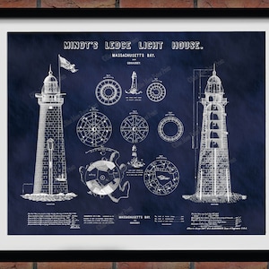 1850 Minot&#39;s Ledge Lighthouse Drawing - Minots Ledge Light House Poster - Nautical Decor - Lighthouse Collector Gift Idea
