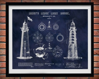 1850 Minot's Ledge Lighthouse Drawing - Minots Ledge Light House Poster - Nautical Decor - Lighthouse Collector Gift Idea