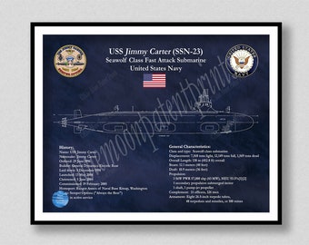 USS Jimmy Carter SSN-23 Seawolf Submarine Poster, US Navy Submarine, Seawolf Class Nuclear Submarine Drawing,