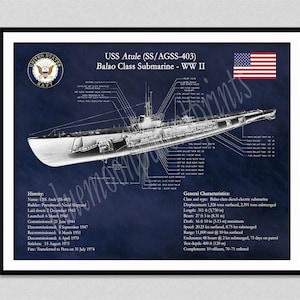 USS Atule SS-403 Submarine Poster Print, Balao Class Submarine Diagram Print, USS Atule Submarine Drawing, WwII Submarine Blueprint