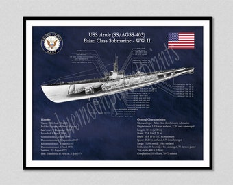 USS Atule SS-403 Submarine Poster Print, Balao Class Submarine Diagram Print, USS Atule Submarine Drawing, WwII Submarine Blueprint