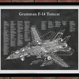 F-14 Tomcat Cutaway Drawing, F14 Fighter Jet Poster, Grumman F-14A Fighter Jet Print, US Military Fighter Jet, F-14A Cutaway Drawing Poster